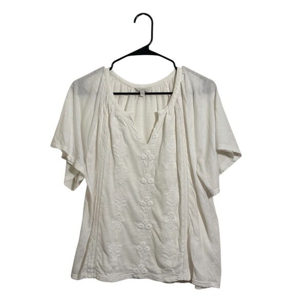 Lucky Brand Tops - Lucky Brand White Embroidered Boho Split Neck Flutter Sleeve Loose Fit Top Small